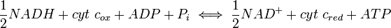 \frac{1}{2}NADH + cyt~c_{ox} + ADP + P_{i} \iff \frac{1}{2}NAD^{+} + cyt~c_{red} + ATP